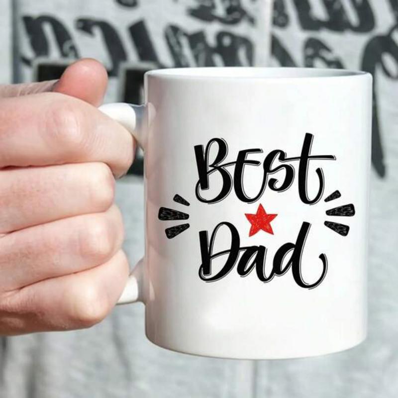 Tailorly White Ceramic 11 oz Mug - Best Dad Elegant Script Lettering Accented By A Small Vibrant Red Star