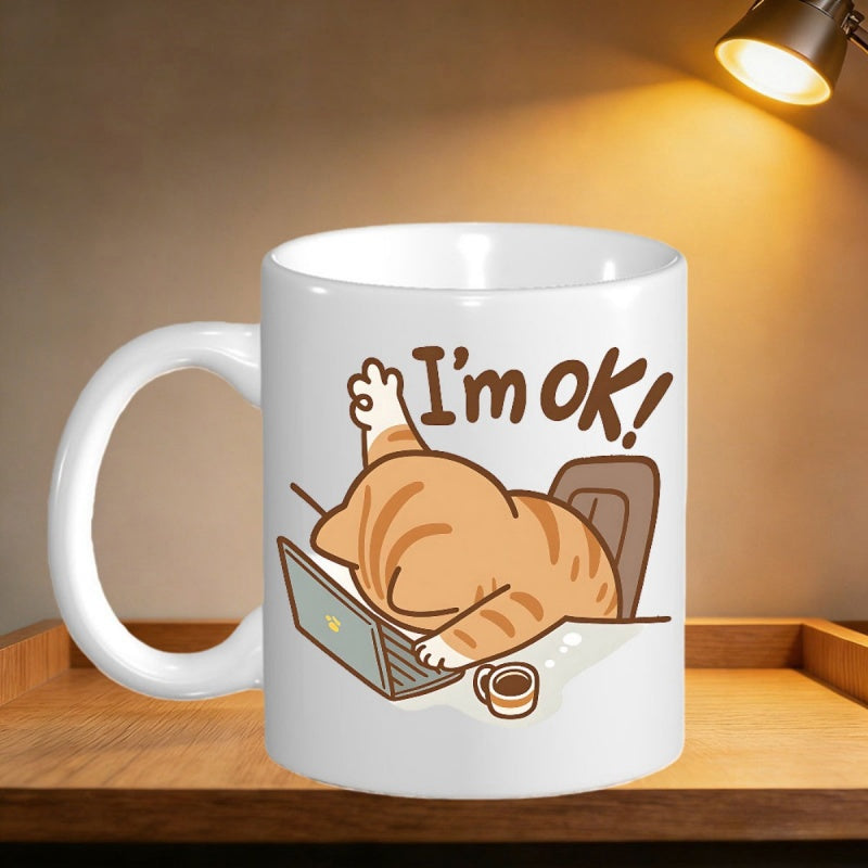 Tailorly White Ceramic 11 oz Mug - I'm Ok Adorable Exhausted Orange Tabby Slumping Over Work Laptop Beside Tiny Coffee Cup Cat