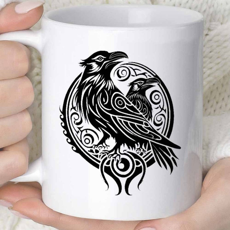 Tailorly White Ceramic 11 oz Mug - Ancient Nordic Tribal Style Featuring Two Twin Ravens Within Ornate Circular Frame Raven