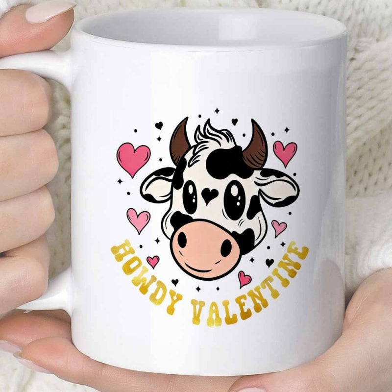 Tailorly White Ceramic 11 oz Mug - Howdy Valentine Cute Spotted Animal Head With Floating Hearts In Retro Style Cow