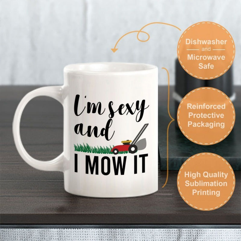 Tailorly White Ceramic 11 oz Mug - Im Sexy And I Mow It Small Red Machine Trimming Fresh Green Grass In Sunny Yard Mower
