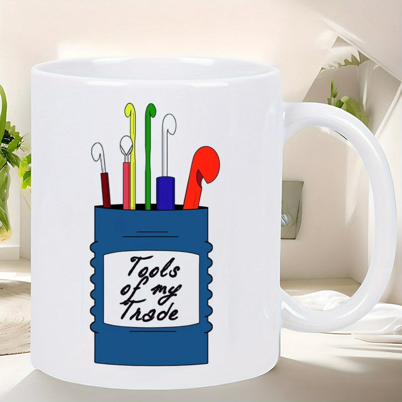Tailorly White Ceramic 11 oz Mug - Tools Of My Trade Colorful Handcrafted Crochet Hooks Arranged Inside A Simple Textured Blue Jar Mug