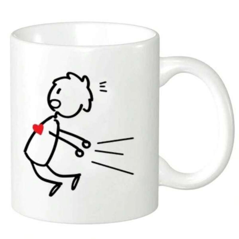 Tailorly White Ceramic 11 oz Mug - Minimalist Black Line Art Character With Vibrant Red Heart In Motion Boy