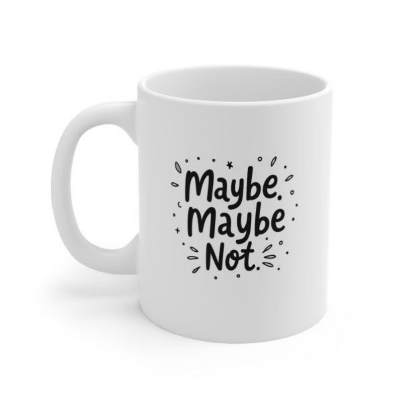 Tailorly White Ceramic 11 oz Mug - Maybe Maybe Not Minimalist Black Hand Drawn Decorative Dots And Sparkles Mug