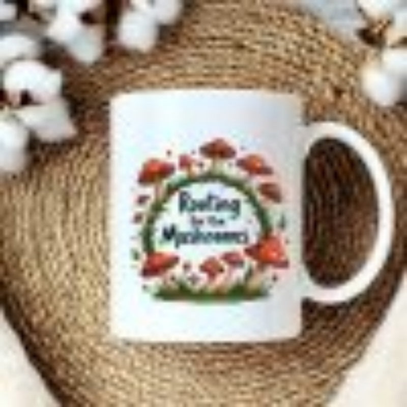 Tailorly White Ceramic 11 oz Mug - Rooting For The Mushrooms Red Capped Toadstools Growing Among Green Grass In A Circular Arch Mushroom