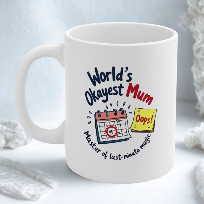 Tailorly White Ceramic 11 oz Mug - Worlds Okayest Mum Master Of Last Minute Magic Oops Whimsical Cartoon Illustration Of A Calendar And Sticky Note Calendar