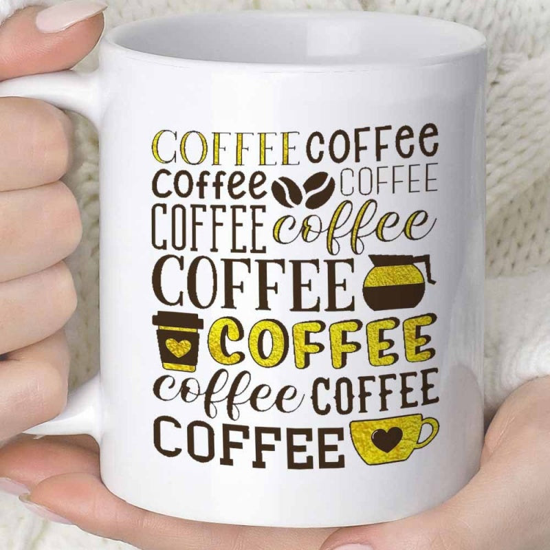 Tailorly White Ceramic 11 oz Mug - Coffee Multiple Font Styles Displaying Beans Pot And Small Heart Cup Coffee