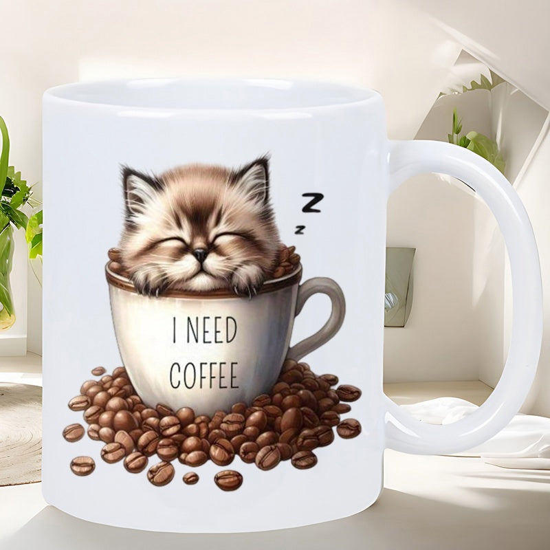 Tailorly White Ceramic 11 oz Mug - I Need Coffee Adorable Sleeping Fluffy Kitten Resting Inside Small Mug Over Coffee Beans Cat