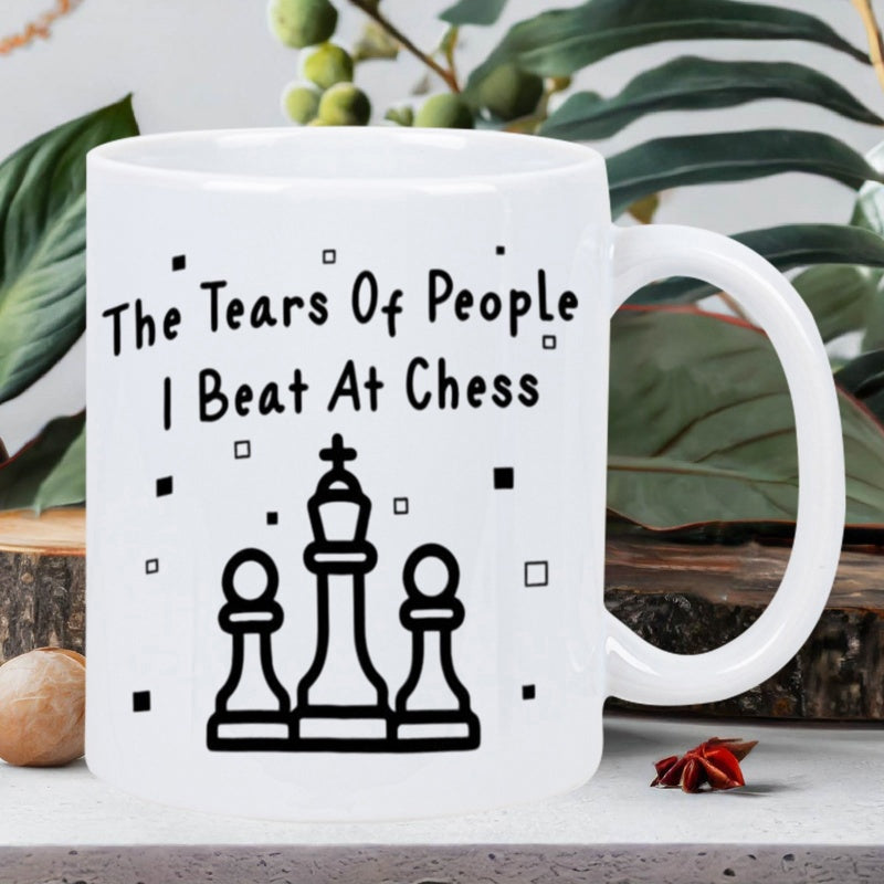 Tailorly White Ceramic 11 oz Mug - The Tears Of People I Beat At Chess Minimalist Black Line Drawing Of King And Pawn Among Floating Pixel Squares Chess