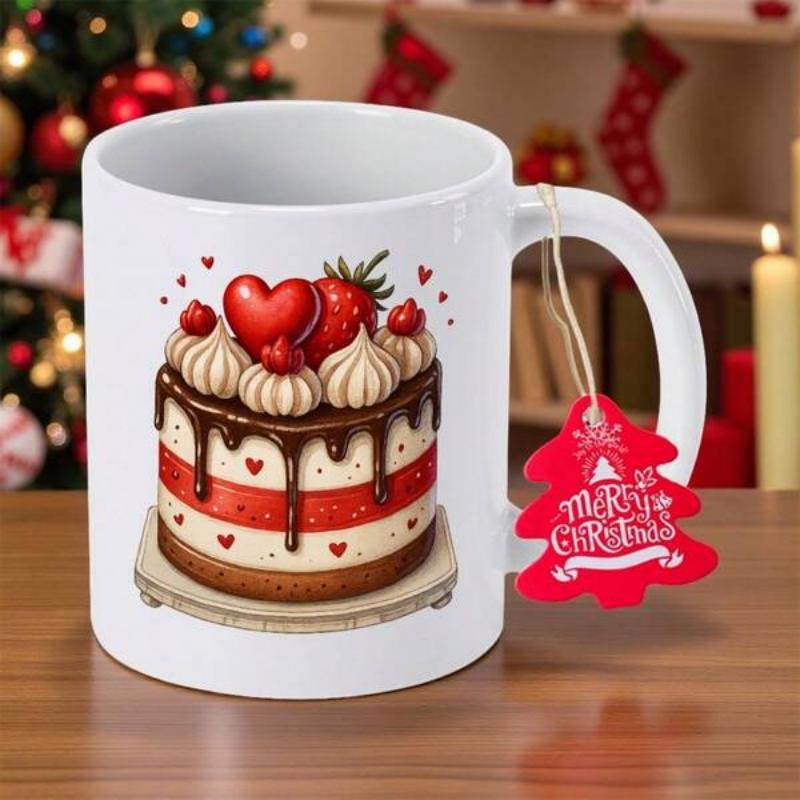 Tailorly White Ceramic 11 oz Mug - Merry Christmas Delicious Layered Chocolate Drip With Fresh Cream And Strawberries Cake