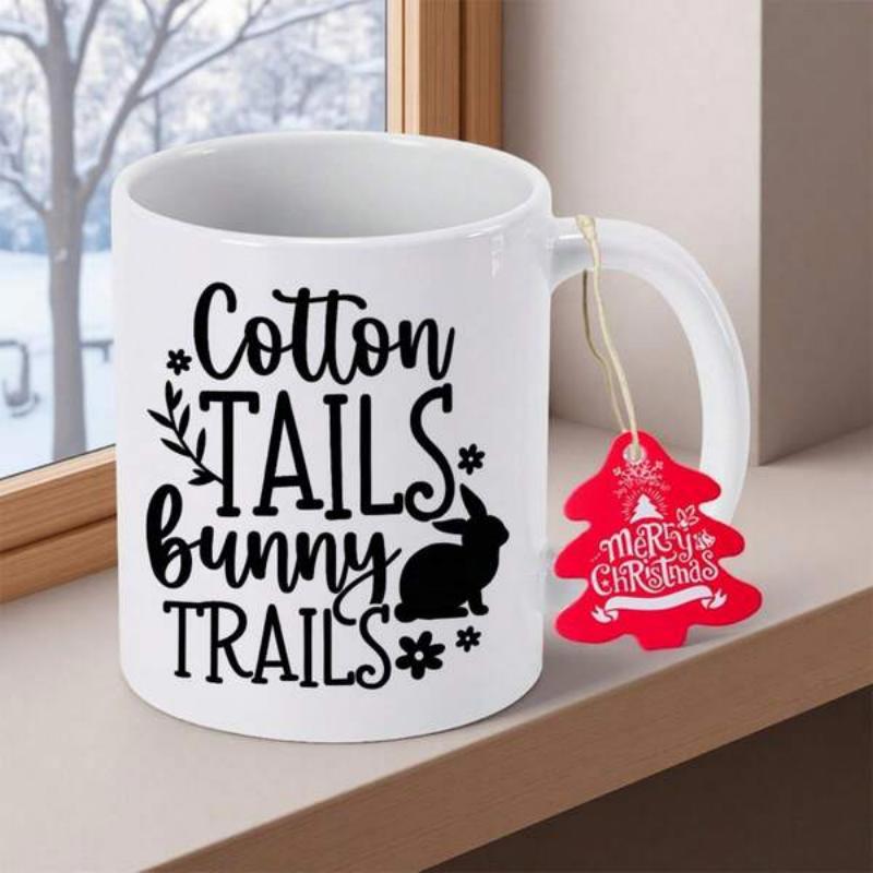 Tailorly White Ceramic 11 oz Mug - Cotton Tails Bunny Trails Minimalist Black Sitting Bunny Silhouette With Floral Buds Rabbit