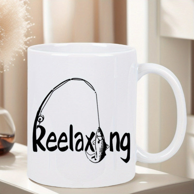 Tailorly White Ceramic 11 oz Mug - Reelaxing Curved Fishing Rod With Line Hooked To A Small Jumping Fish