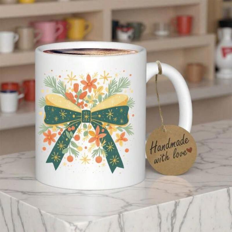 Tailorly White Ceramic 11 oz Mug - Festive Dark Green Ribbon Featuring Golden Stars And Orange Floral Elements Bow