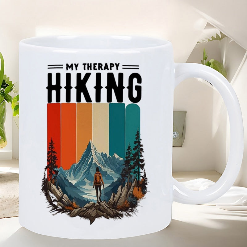 Tailorly White Ceramic 11 oz Mug - My Therapy Hiking Retro Vertical Stripes Behind Pine Forest And Snowy Peak Mountain