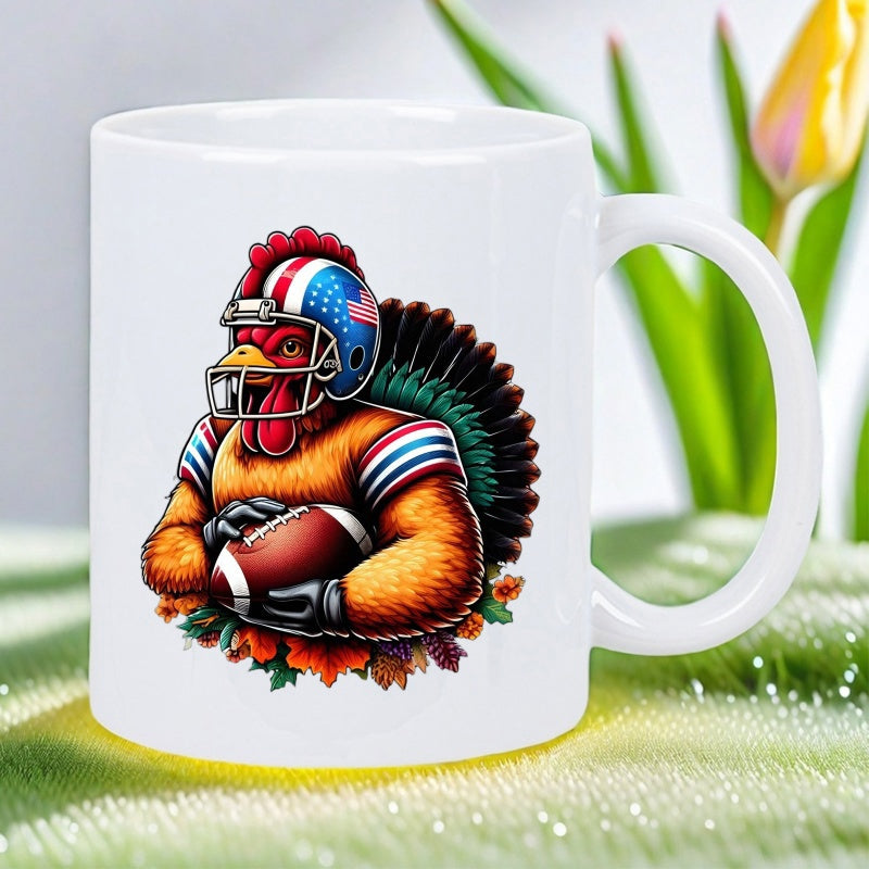 Tailorly White Ceramic 11 oz Mug - Patriotic Athlete Wearing Helmet And Jersey Holding A Football Turkey