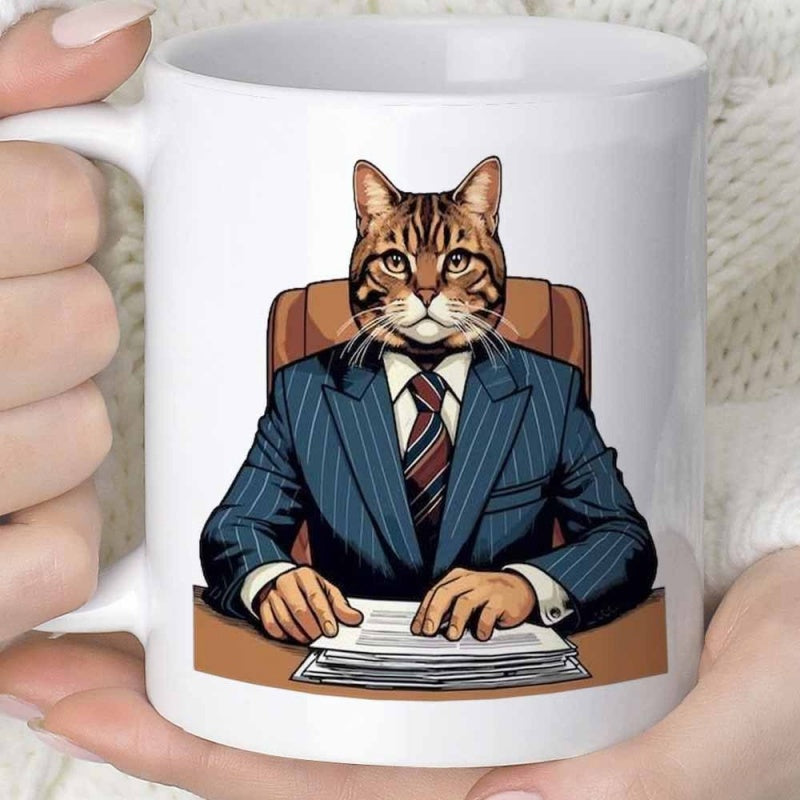 Tailorly White Ceramic 11 oz Mug - Professional Tabby Wearing Pinstripe Business Suit Sitting At Executive Desk Office Cat