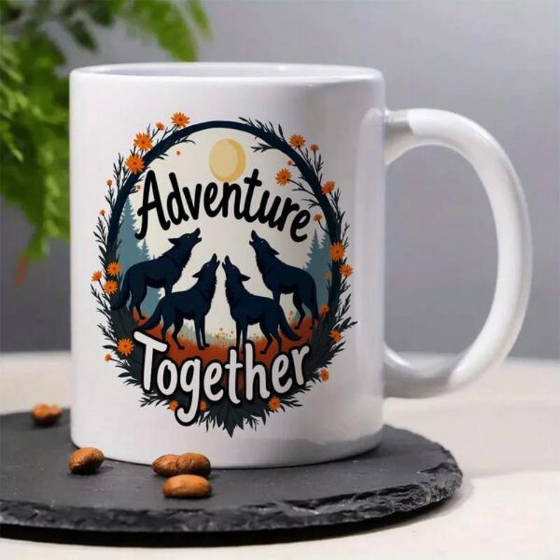 Tailorly White Ceramic 11 oz Mug - Adventure Together Majestic Howling Wolves Under A Full Moon Within Foliage Wreath Wolf