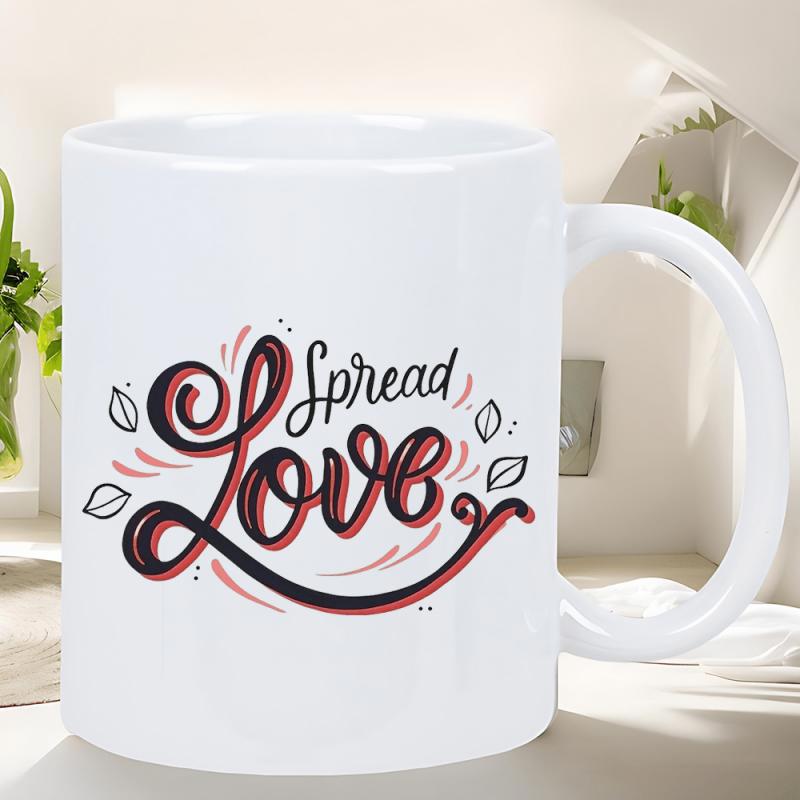Tailorly White Ceramic 11 oz Mug - Spread Love Artistic Hand Lettered Script With Elegant Leaves And Flowing Swashes Calligraphy