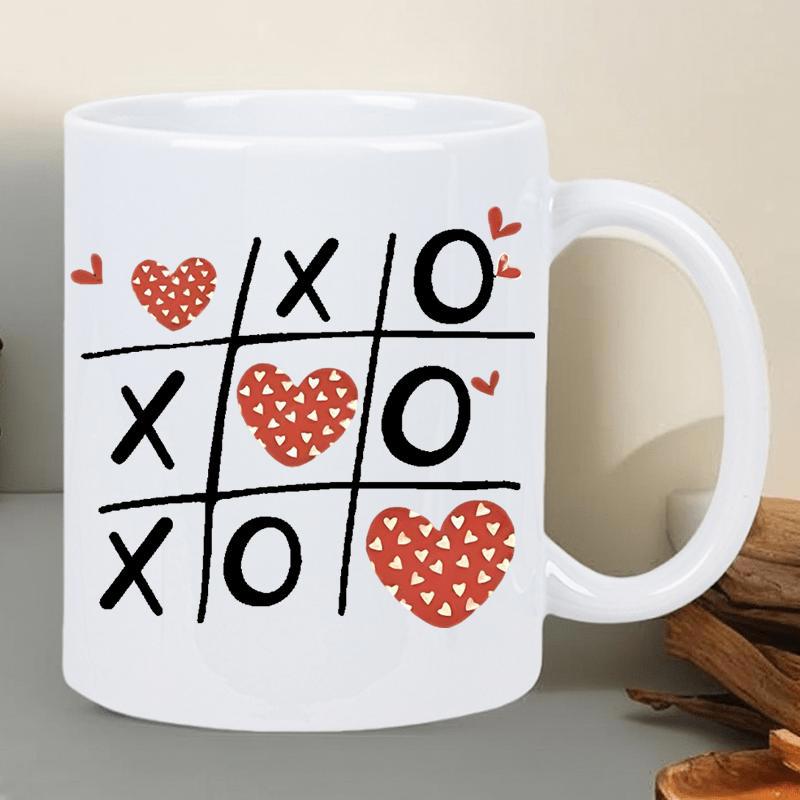 Tailorly White Ceramic 11 oz Mug - X O Creative Tic Tac Toe Grid Featuring Polka Dot Red Hearts And Bold Black Letters Heart