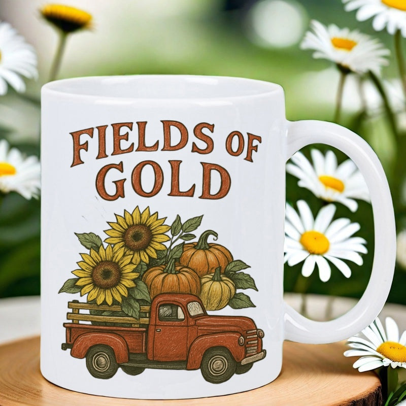 Tailorly White Ceramic 11 oz Mug - Fields Of Gold Autumn Harvest Sunflowers And Pumpkins Loaded In A Vintage Countryside Truck