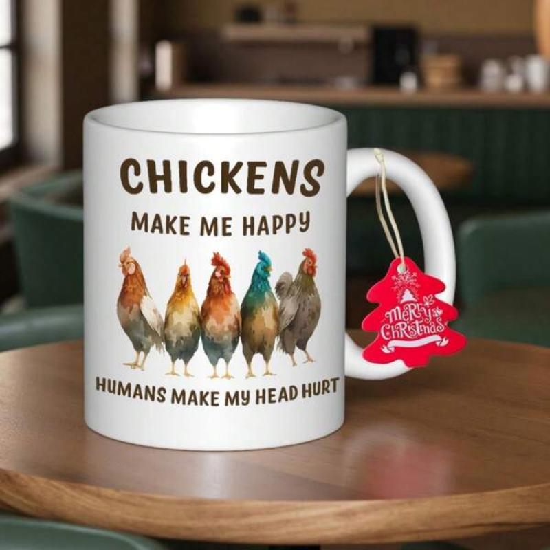 Tailorly White Ceramic 11 oz Mug - Chickens Make Me Happy Humans Make My Head Hurt Five Colorful Farm Roosters Standing Together In A Straight Row Chicken