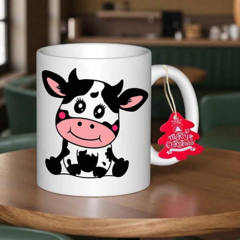 Tailorly White Ceramic 11 oz Mug - Merry Christmas Adorable Cartoon Animal With Black Spots And Pink Blushing Cheeks Cow