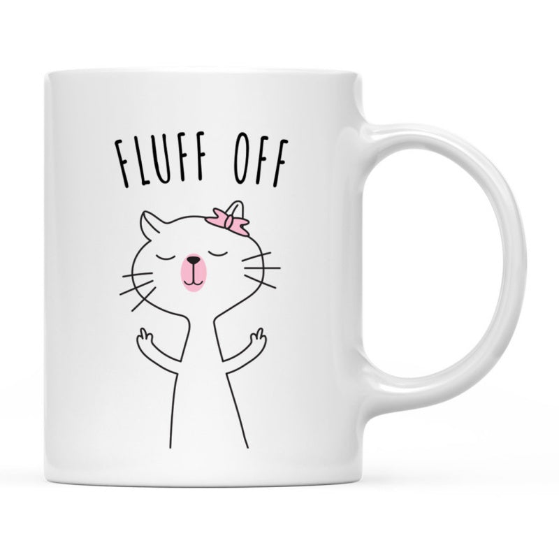 Tailorly White Ceramic 11 oz Mug - Fluff Off Cute Minimalist White Line Art Kitty Wearing Small Pink Bow Cat