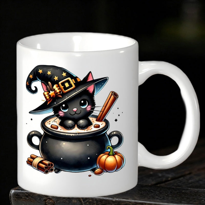 Tailorly White Ceramic 11 oz Mug - Cute Chibi Witch Kitten Resting In A Steaming Hot Cauldron Cat