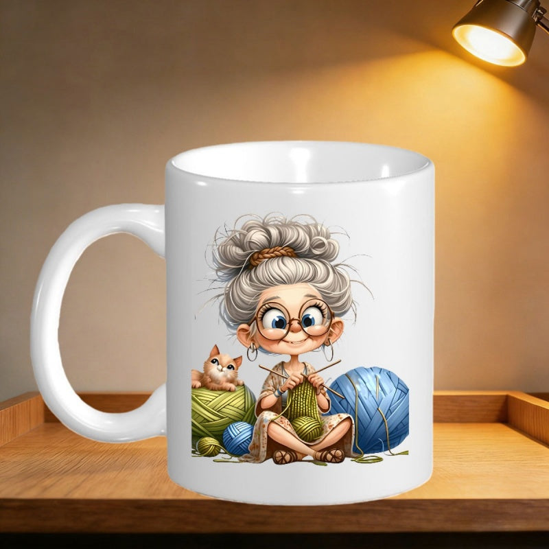 Tailorly White Ceramic 11 oz Mug - Cute Elderly Woman Knitting With Yarn Balls And Small Cat Grandma