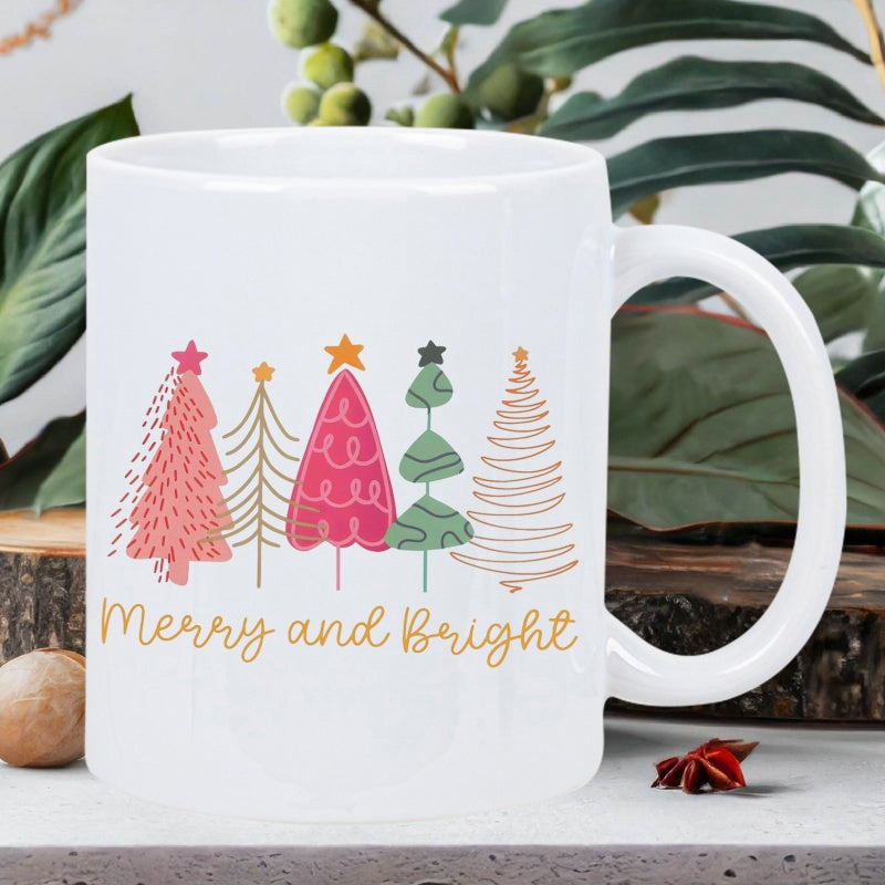 Tailorly White Ceramic 11 oz Mug - Merry And Bright Colorful Stylized Artistic Christmas Trees Topped With Golden Stars Tree
