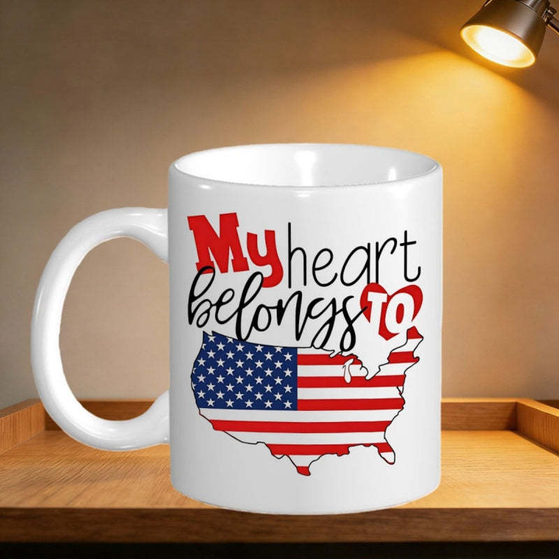 Tailorly White Ceramic 11 oz Mug - My Heart Belongs To Patriotic United States Map Outline With American Flag Stars And Stripes Map