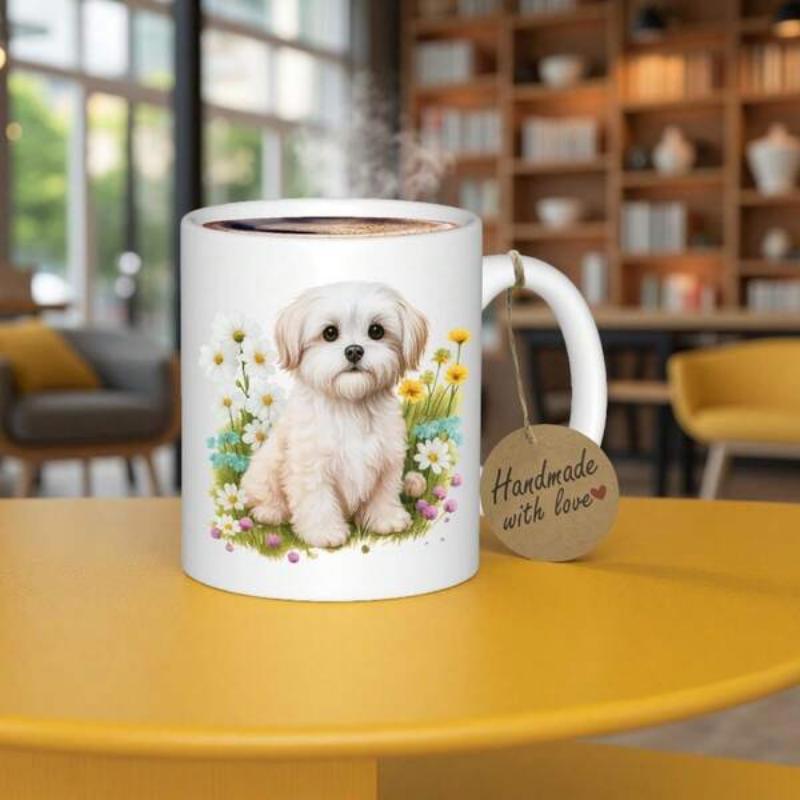 Tailorly White Ceramic 11 oz Mug - Handmade With Love Adorable Fluffy White Puppy Sitting Among Vibrant Summer Wildflowers Dog