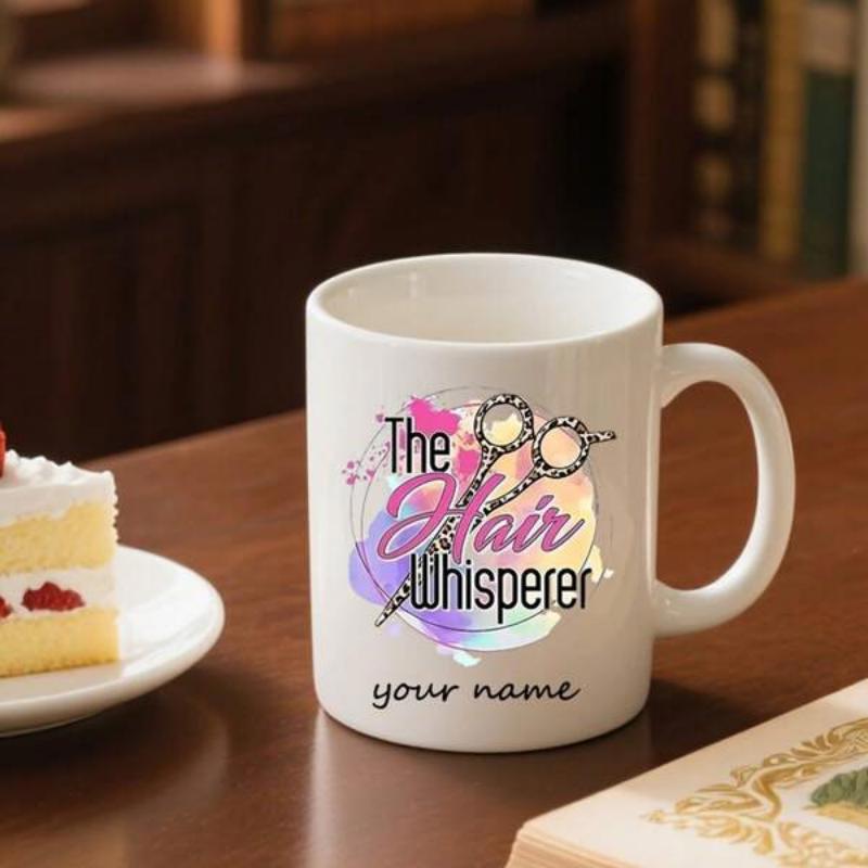 Tailorly White Ceramic 11 oz Mug - The Hair Whisperer Your Name Graceful Golden Scissors With Vibrant Purple And Pink Watercolor Splashes Mug