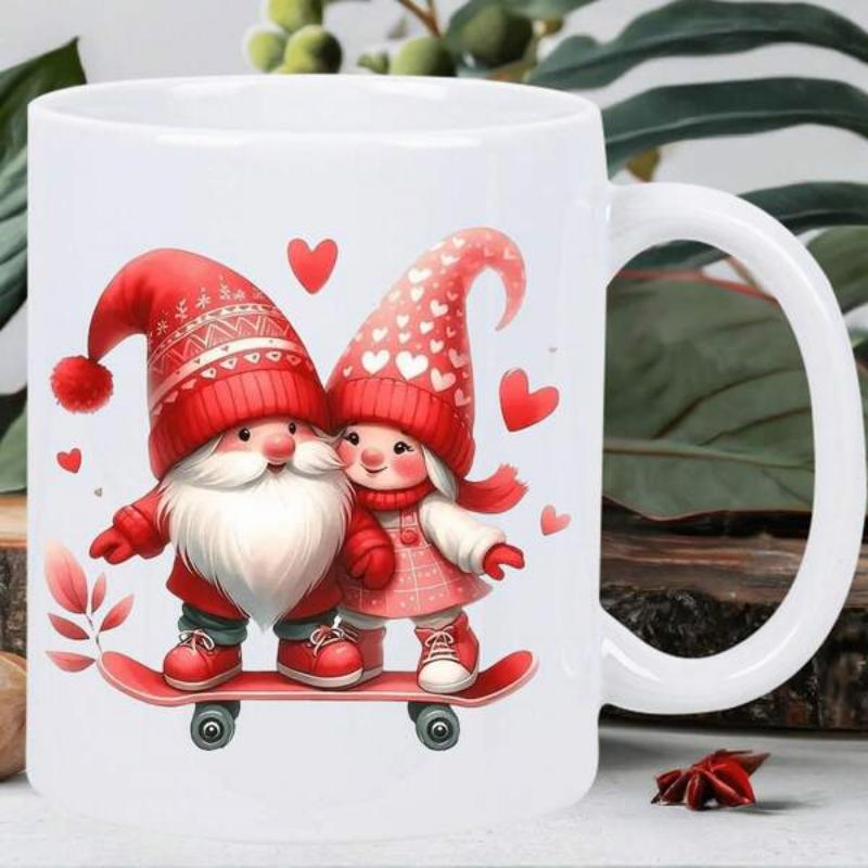 Tailorly White Ceramic 11 oz Mug - Adorable Romantic Couple Standing On Skateboard Surrounded By Floating Hearts Gnome