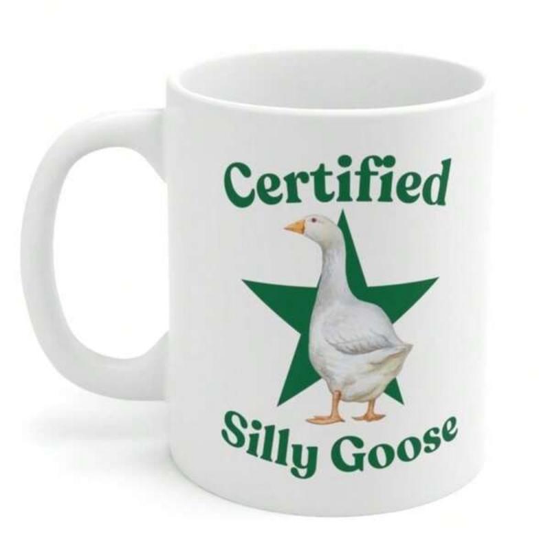 Tailorly White Ceramic 11 oz Mug - Certified Silly Goose Whimsical White Bird Standing Before Large Green Star Goose