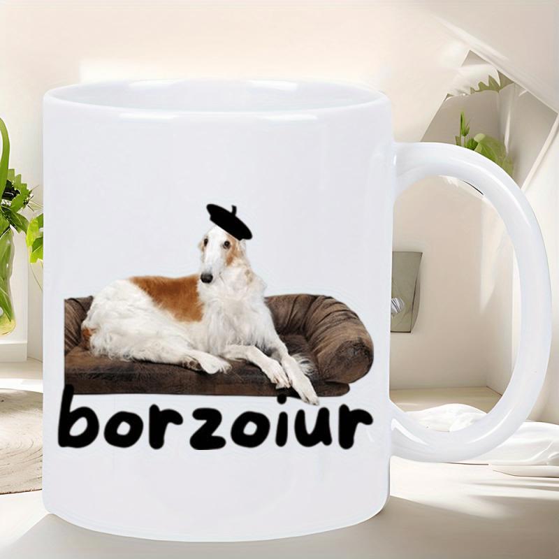 Tailorly White Ceramic 11 oz Mug - Borzoiur Elegant Long Haired Dog Wearing A Black Beret Resting On Sofa Borzoi