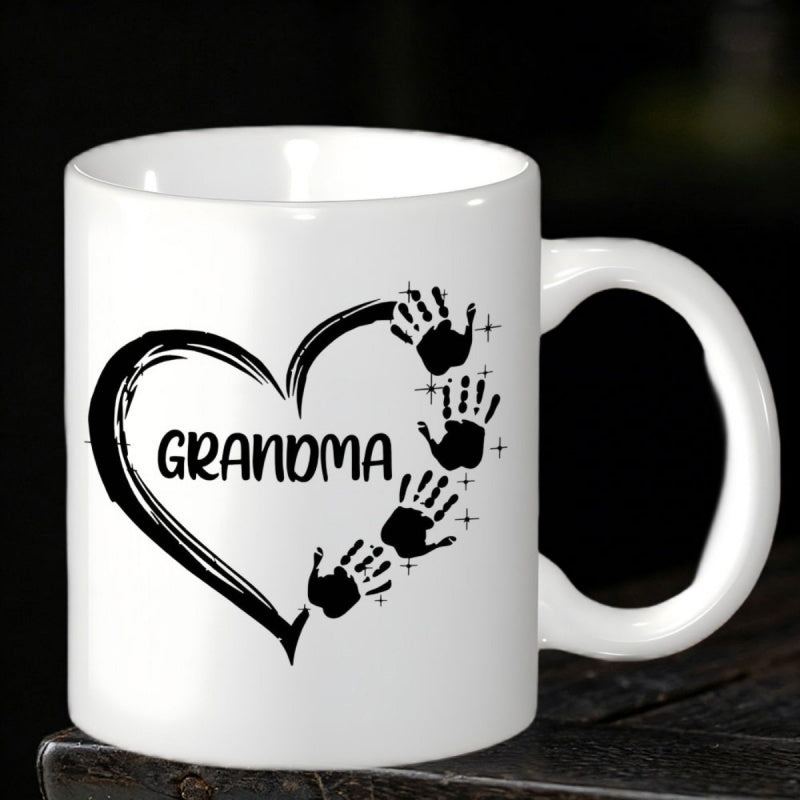 Tailorly White Ceramic 11 oz Mug - Grandma Artistic Brush Stroke Shape With Small Kid Handprints And Sparkles Heart