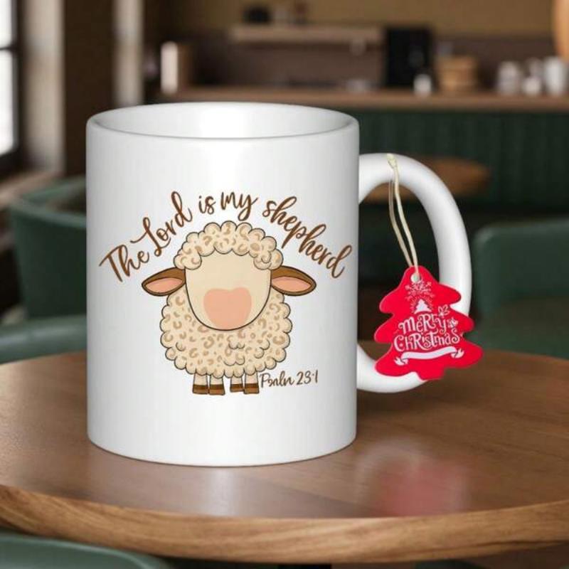 Tailorly White Ceramic 11 oz Mug - The Lord Is My Shepherd Psalm 23 1 Fluffy White Lamb Standing Gracefully With Soft Wool Sheep