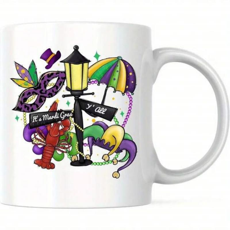 Tailorly White Ceramic 11 oz Mug - Its Mardi Gras Yall Festive Decorations With Colorful Masquerade Masks And Lobster Dancing Around A Classic Street Lamp