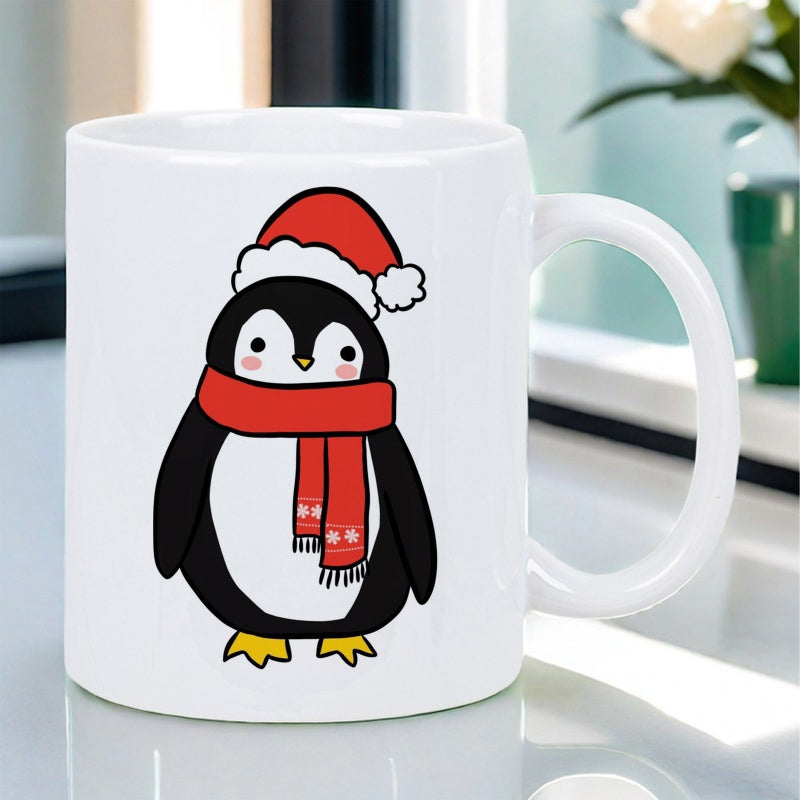 Tailorly White Ceramic 11 oz Mug - Adorable Little Festive Winter Bird Wearing Red Santa Hat Penguin