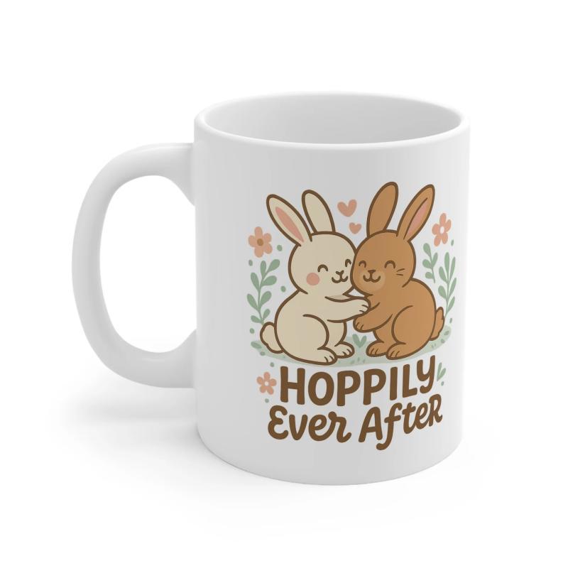 Tailorly White Ceramic 11 oz Mug - Hoppily Ever After Two Cute Cartoon Bunnies Hugging Surrounded By Floral Hearts And Leaves Rabbit