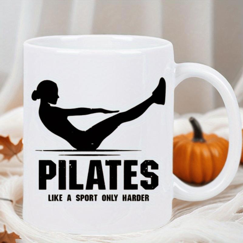 Tailorly White Ceramic 11 oz Mug - Pilates Like A Sport Only Harder Minimalist Black Human Silhouette Performing Challenging Core Exercise Pose Woman Silhouette