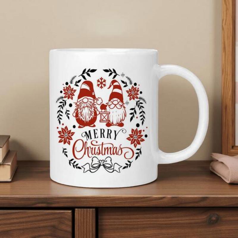 Tailorly White Ceramic 11 oz Mug - Merry Christmas Whimsical Red And White Gnomes Among Festive Winter Floral Wreath Mug