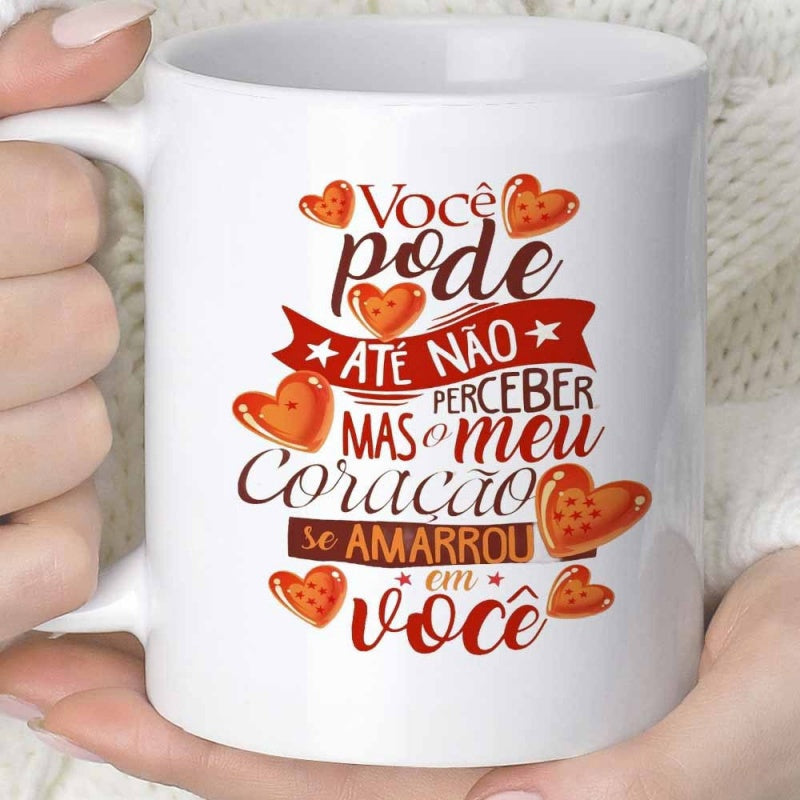 Tailorly White Ceramic 11 oz Mug - Vibrant Red And Orange Hearts Floating Around Romantic Script Typography Heart