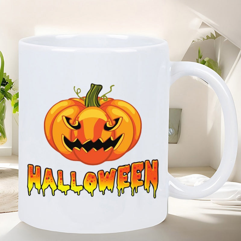 Tailorly White Ceramic 11 oz Mug - Halloween Vibrant Carved Jack O Lantern With Melting Spooky Orange Drip Lettering Pumpkin