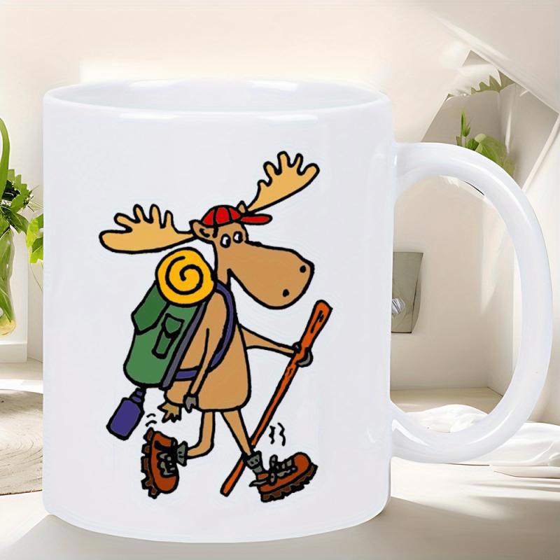Tailorly White Ceramic 11 oz Mug - Adventurous Cartoon Animal Carrying Backpack While Hiking In Nature Moose