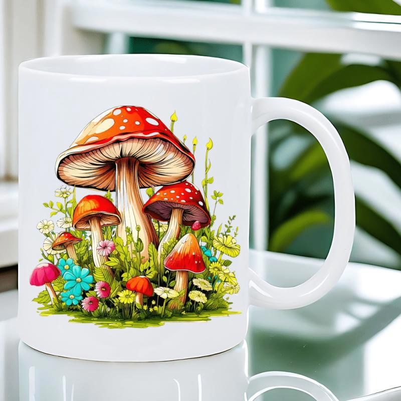Tailorly White Ceramic 11 oz Mug - Colorful Red Toadstools Nestled Within Vibrant Green Grass And Blooming Wildflowers Mushroom