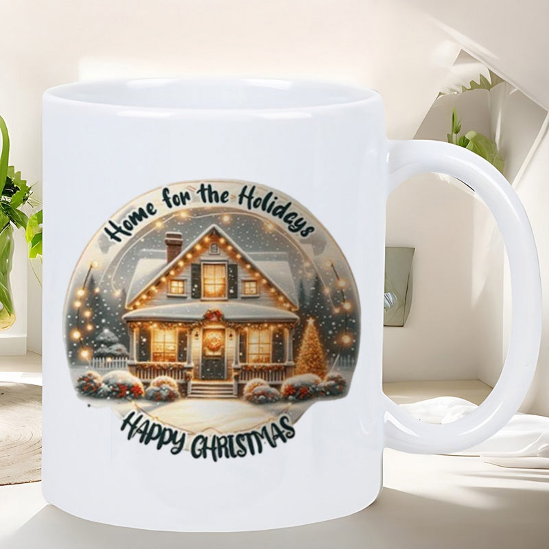 Tailorly White Ceramic 11 oz Mug - Home For The Holidays Happy Christmas Cozy Snow Covered Winter Scene With Warm Glowing Holiday Lights Decorative House