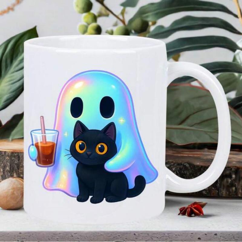 Tailorly White Ceramic 11 oz Mug - Iridescent Holographic Ghost Holding Iced Drink And Hugging A Cute Sitting Black Cat