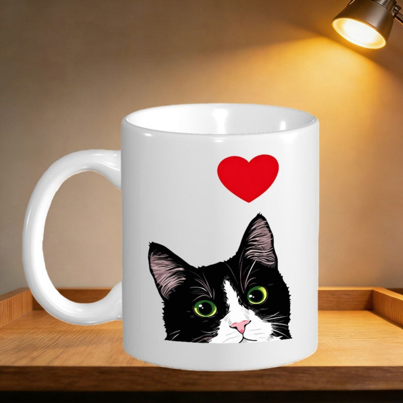 Tailorly White Ceramic 11 oz Mug - Peeking Black And White Tuxedo Feline With Vibrant Red Heart Above Cat